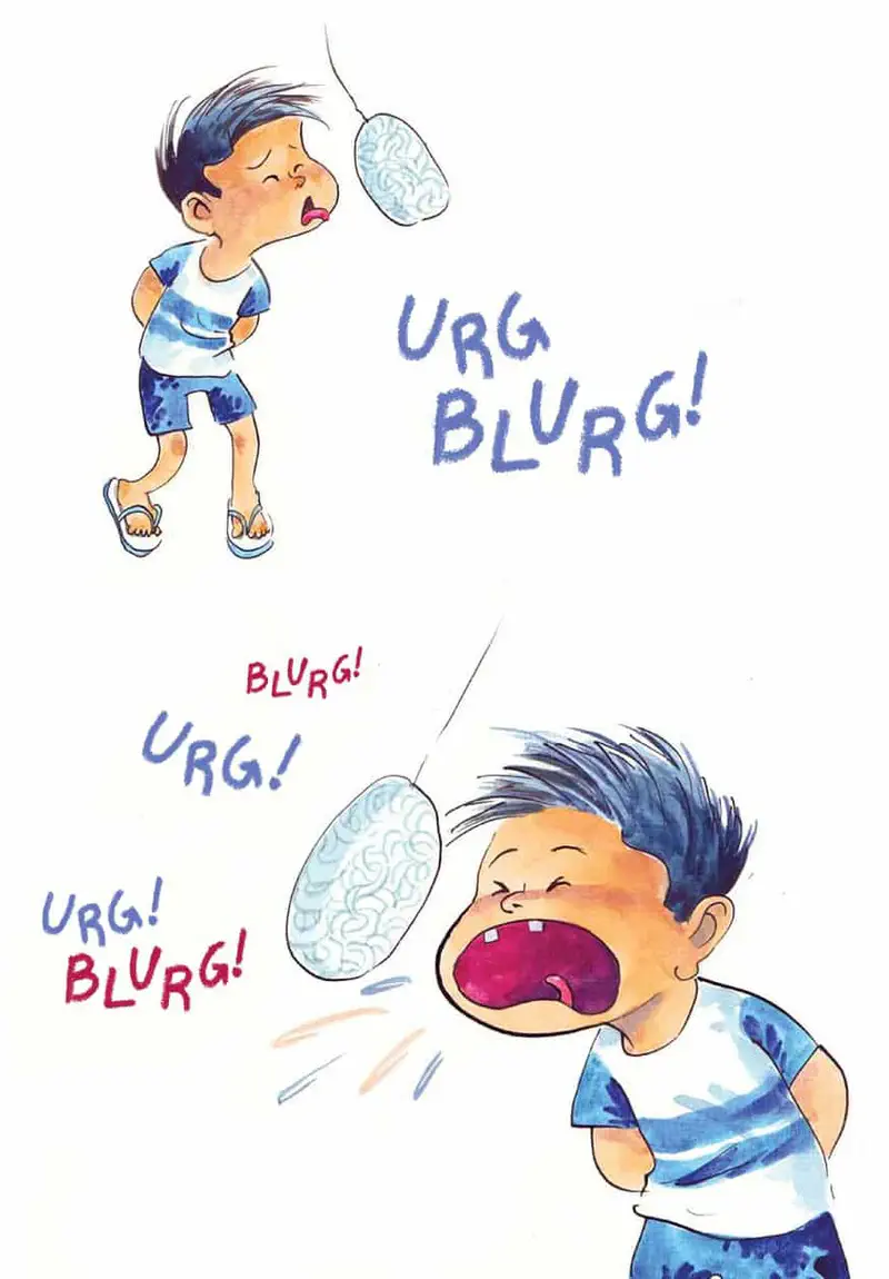 Boy in blue shirt looks queasy with tummy trouble, shown twice making sick sounds with kerupuk crackers hanging nearby.