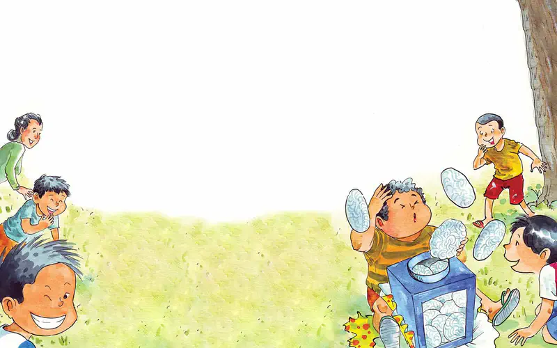 Children gather around a container of kerupuk crackers at a festival while a boy tosses them and others laugh and play.