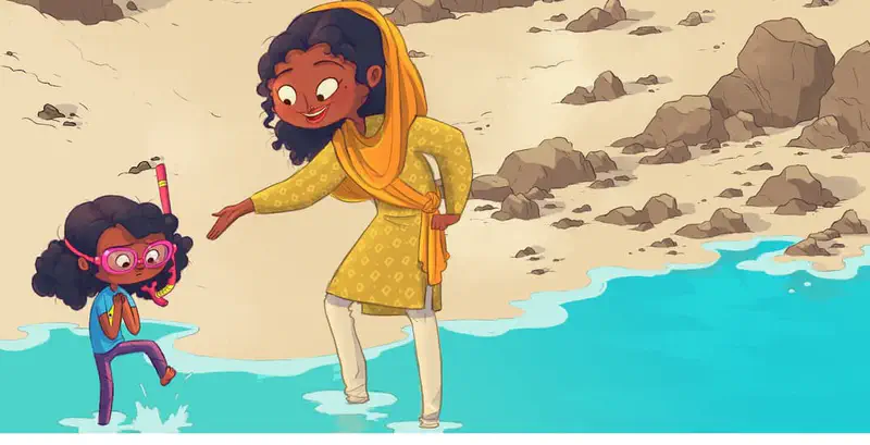 Mother in yellow headscarf and dress watches her daughter with snorkel gear wade excitedly into shallow beach water near rocky shore.