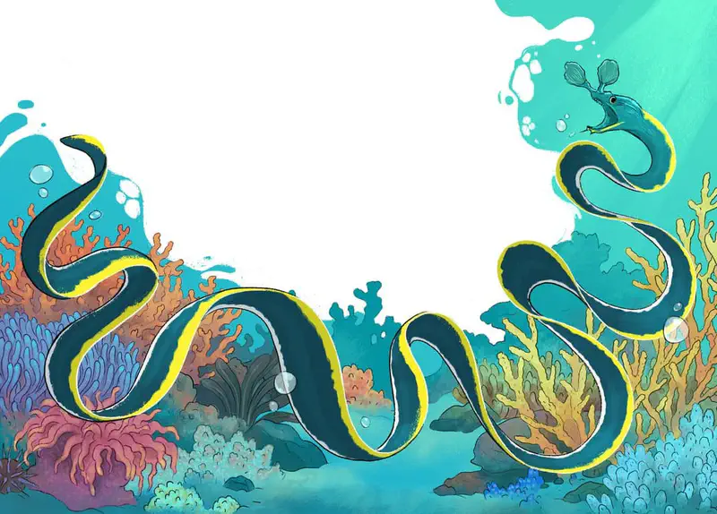 Long blue and yellow striped ribbon eel winds through colorful coral reef with orange, pink, and yellow sea plants and bubbles.