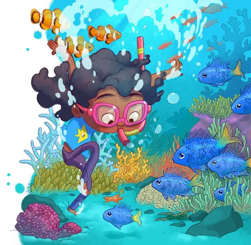 Girl with pink snorkel mask explores underwater coral reef with orange clownfish above her and a school of blue damselfish nearby.