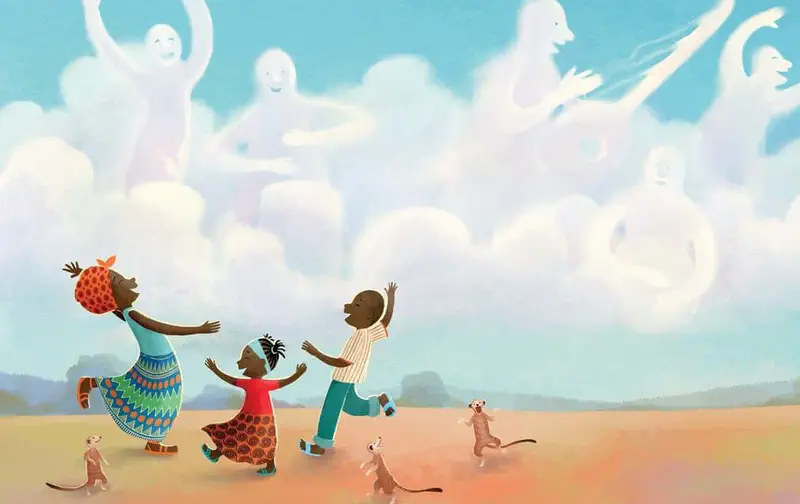 A family waves joyfully at whimsical cloud figures dancing in the sky while meerkats stand around them on the African plains.