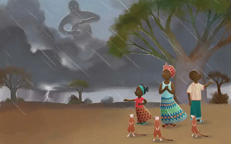 A family and meerkats watch a stormy sky with lightning and rain as a grey cloud figure appears, standing near trees on the savanna.