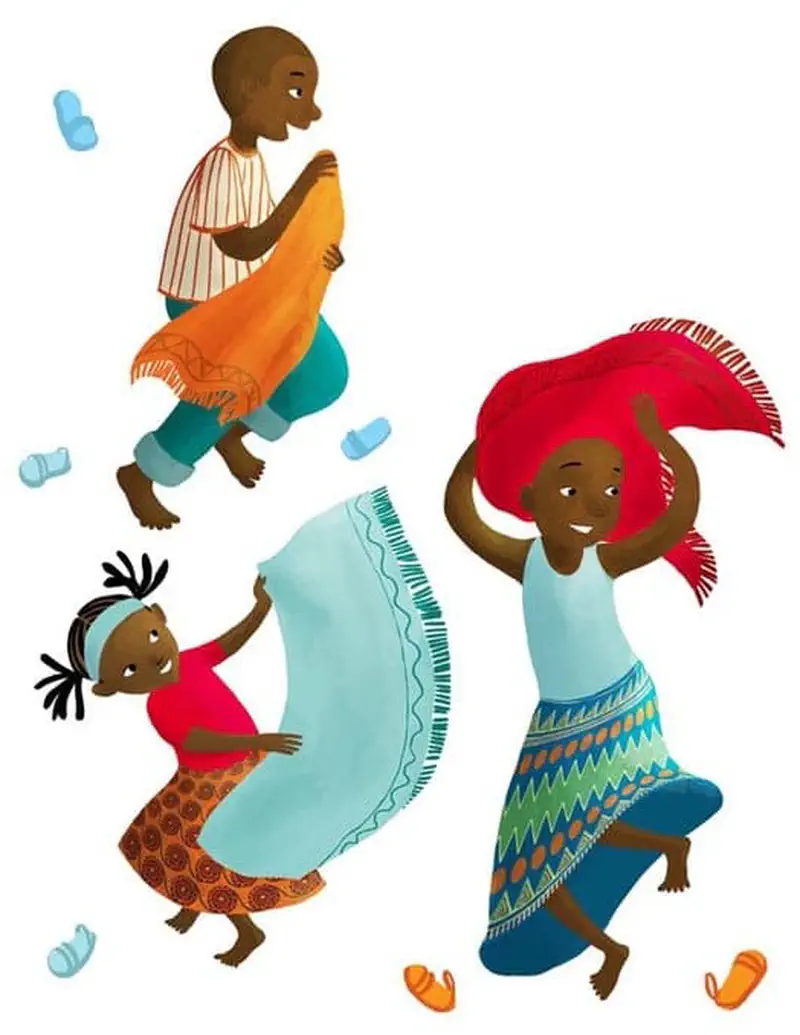A joyful African family dances in the rain, with father holding cloth, mother twirling with red headscarf, and daughter spinning happily.