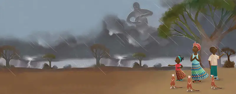 A family watches a dramatic thunderstorm with lightning strikes across the savanna while a grey cloud figure looms in the dark sky.