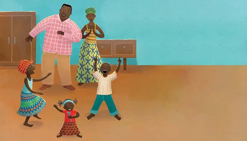 An African family gathers indoors as father holds a phone, grandmother watches, and three children dance and play excitedly together.