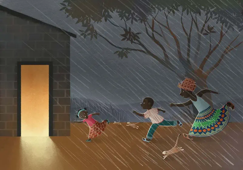 A mother and two children run through pouring rain toward a brick house with glowing doorway while a meerkat runs alongside them.