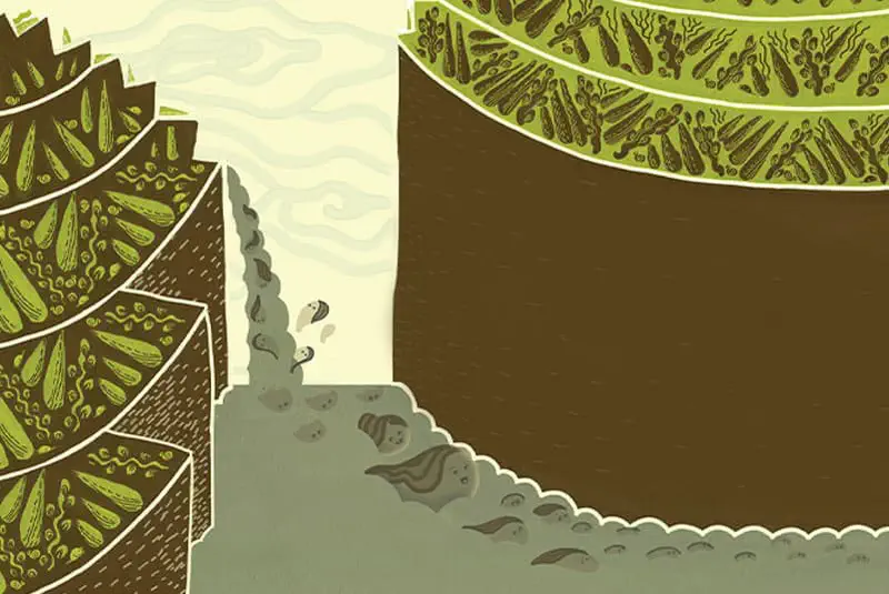 Terraced hillsides with green crops meeting a dark river, with small water droplet characters and a fish swimming below.