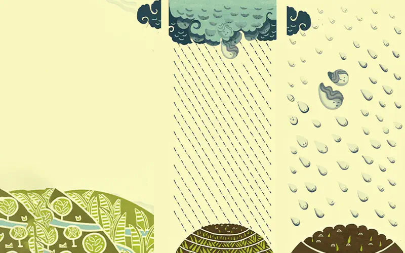 Dark storm clouds release rain onto terraced green hillsides while friendly water droplet characters float and fall through the air.