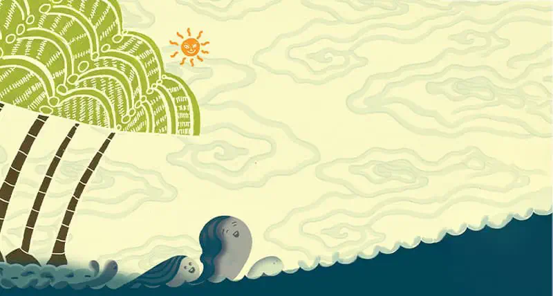 Palm trees on a shoreline with friendly water droplet characters playing in the waves under a smiling sun and swirling clouds.