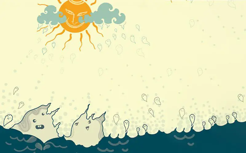A large smiling sun with clouds as water droplet characters evaporate and rise into the sky from the dark blue sea below.