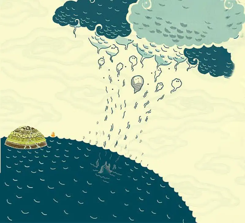 Rain clouds release water droplet characters that fall as rain into the dark sea, with a green island visible in the distance.