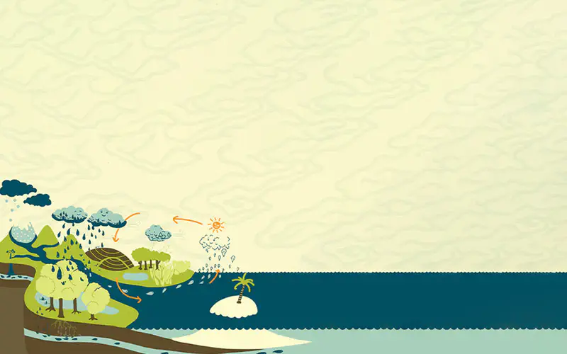 A water cycle overview showing rain clouds over mountains, rivers flowing through forests and farmland to the sea with a small palm tree island.