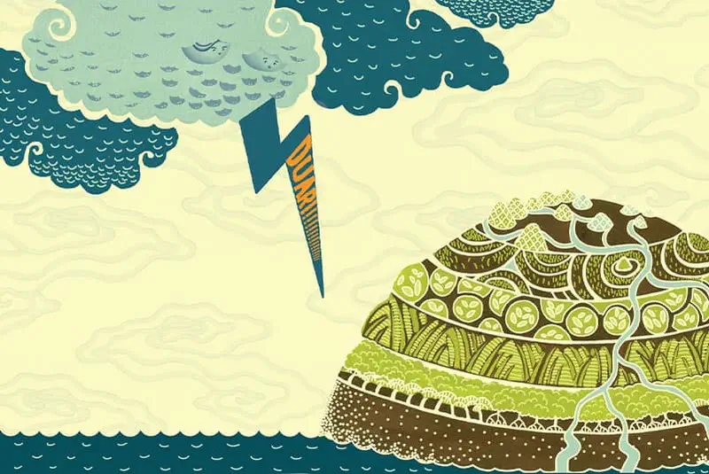 Storm clouds with a lightning bolt striking near a green island with terraced landscapes and rivers flowing to the surrounding sea.