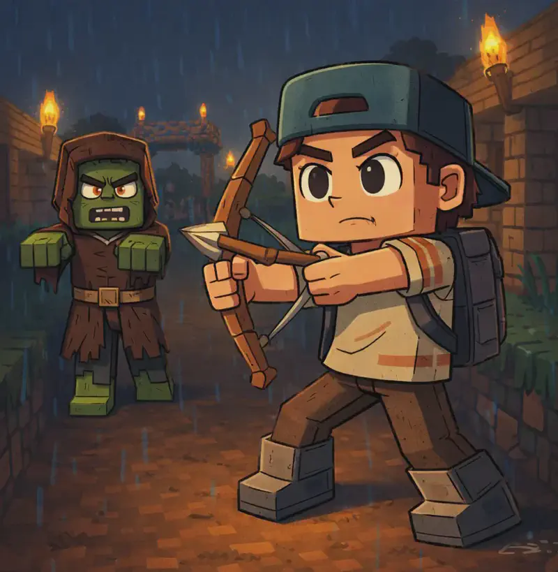 On the right side of the image, Player stands in the foreground at a three-quarter angle, drawing back a bow with an arrow nocked and aimed forward at Zombie Villager. Player has a determined, focused expression, with his dark teal-green backwards cap, beige/tan striped shirt, gray suspender straps and backpack, dark brown pants, and dark gray chunky boots. Torchlight casts dramatic shadows across the scene. Further up the dirt path, Zombie Villager ambles toward Player with menacing glowing red-orange eyes. Zombie Villager has bright green skin, a squared-off head, angular red-orange eyes with heavy brows, a frowning mouth showing white teeth, stocky short proportions with chunky square hands, and wears a tattered dark brown hooded robe with a tan/khaki belt, dark gray-green pants, and brown boots with green pixelated details at the ankles. The scene is set outdoors in a dark, rainy nighttime village lit by glowing torches on wooden posts, with log buildings on either side of the path. The left side of the image is plain light blue background reserved for text.