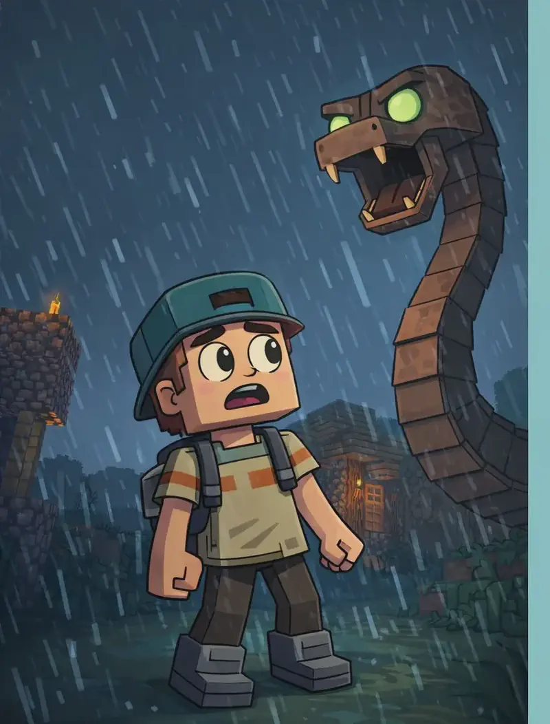 On the left side of the image, Player stands in a dark, rainy nighttime Minecraft-style scene, looking up in fear at a massive serpent creature that towers over him. Player faces the viewer at a three-quarter angle with a frightened expression, his dark teal-green backwards cap, beige/tan striped shirt, gray suspender straps and backpack, dark brown pants, and dark gray chunky boots visible despite the dark atmosphere. The large brown serpent-like creature with glowing green eyes looms above, its long blocky neck rising up from the ground beside a wooden house, dwarfing Player below. Rain streaks fall heavily across the dark blue-gray sky, and a single torch glows faintly on a structure nearby, providing a small point of warm light against the cold, stormy atmosphere. The right side of the image is plain light cyan background.