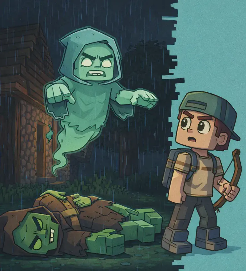 On the left side of the image, a dark, rainy nighttime Minecraft village scene. In the foreground, the defeated Zombie Villager lies on the ground — bright green skin, tattered dark brown hooded robe, now motionless. Rising up from the fallen body is a Ghost Villager, a translucent blocky figure in muted teal/seafoam green with a ghostly wispy tail instead of legs, thick angular dark eyebrows slanted inward in an angry expression, small dark eyes, and a flat frowning mouth. The ghost hovers in the doorway of a wooden and cobblestone hut, its green-tinted eyes still glowing through the rain. Player stands nearby at a three-quarter angle, holding his bow at his side, staring in shock at the risen ghost. He wears his dark teal-green backwards cap, beige/tan striped shirt, gray suspender straps and backpack, dark brown pants, and dark gray chunky boots. Rain streaks fall heavily across the dark sky, with shadowy trees in the background. The right side of the image is plain teal background.