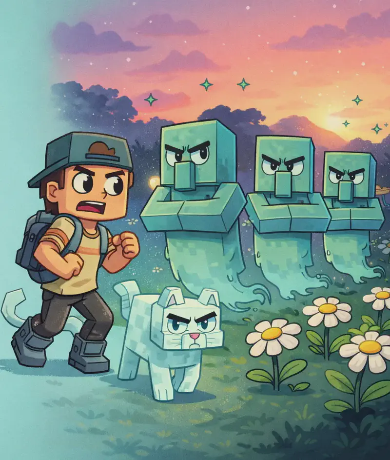 On the right side of the image, a group of Ghost Villagers stand gathered among white daisies with yellow centers. They are translucent, blocky figures in muted teal/seafoam green with ghostly wispy tails instead of legs, thick angular dark eyebrows slanted inward, small dark eyes, flat frowning mouths, and small wing-like protrusions on their backs. Small teal sparkle accents float around them. They stare toward the viewer with stern, unblinking expressions. The sky behind them is a vivid pink and orange sunset with stars beginning to appear above. A glowing lantern shines faintly among dark trees in the background. On the far left, Player backs away from the group at a three-quarter angle, looking alarmed and ready to flee. He wears his dark teal-green backwards cap, beige/tan striped shirt, gray suspender straps and backpack, dark brown pants, and dark gray chunky boots, with his bow slung across his back. Nearby, Ghost Cat sits at Player's feet, translucent and icy blue-white with angular dark teal eyes, a grumpy expression, and its S-shaped tail curled upward. The left side of the image is plain teal background for text placement.