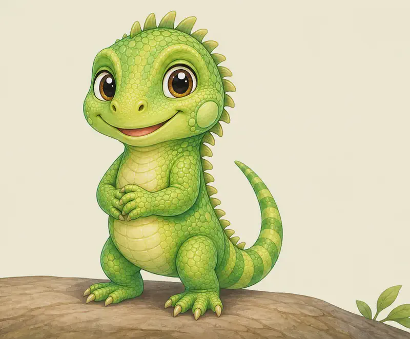 Introduce Irene. A clear, friendly full-body view of her on a simple surface (a low branch or flat rock) so her green colour and the scales on her skin are easy to see. Mood: warm and welcoming — the reader's first look at the main character.