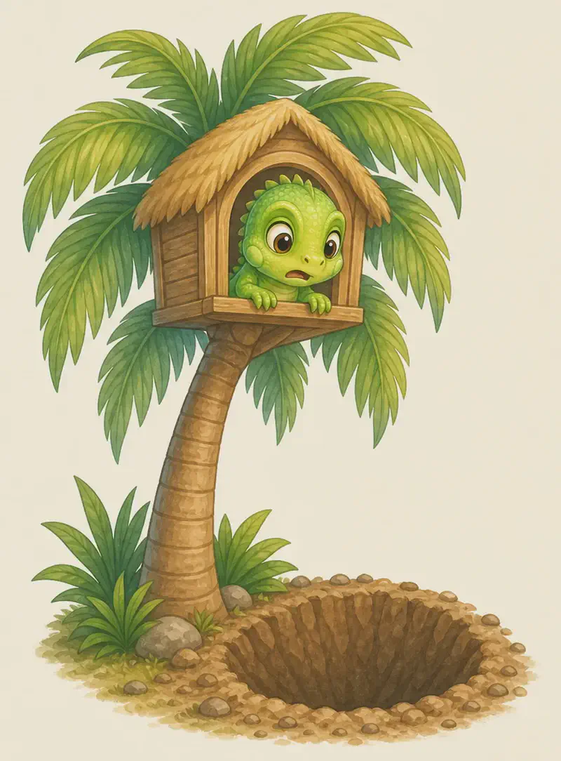 A tall palm tree with a small simple house tucked high in its fronds. Irene peers down from her house with a worried expression. Beside the base of the palm there is a large dirt hole. No man should be present in the image — only the result of the digging (the hole). Mood: worried, concerned.