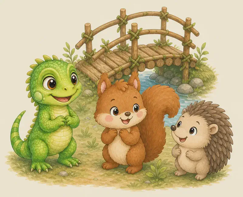 Irene, Adela and Enrique stand together happily near the finished bridge, grouped close. They look proud and content, smiling at one another. The bridge of sticks and branches is clearly visible behind or beside them. Mood: cheerful celebration of teamwork.
