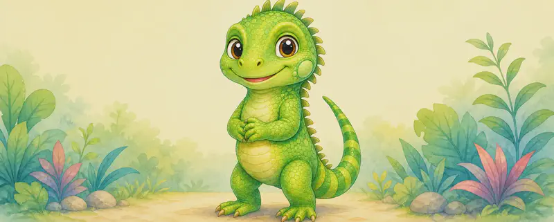 Introduce Irene. Show her in a clear, friendly standing pose so the reader can see her green scaly skin clearly. Soft simple background.