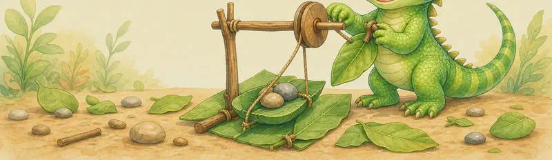 Irene tinkers with a small simple invention — perhaps a tiny pulley, a small gadget made of leaves and a stick, or a toy-like contraption — looking pleased with her work. Soft simple background.