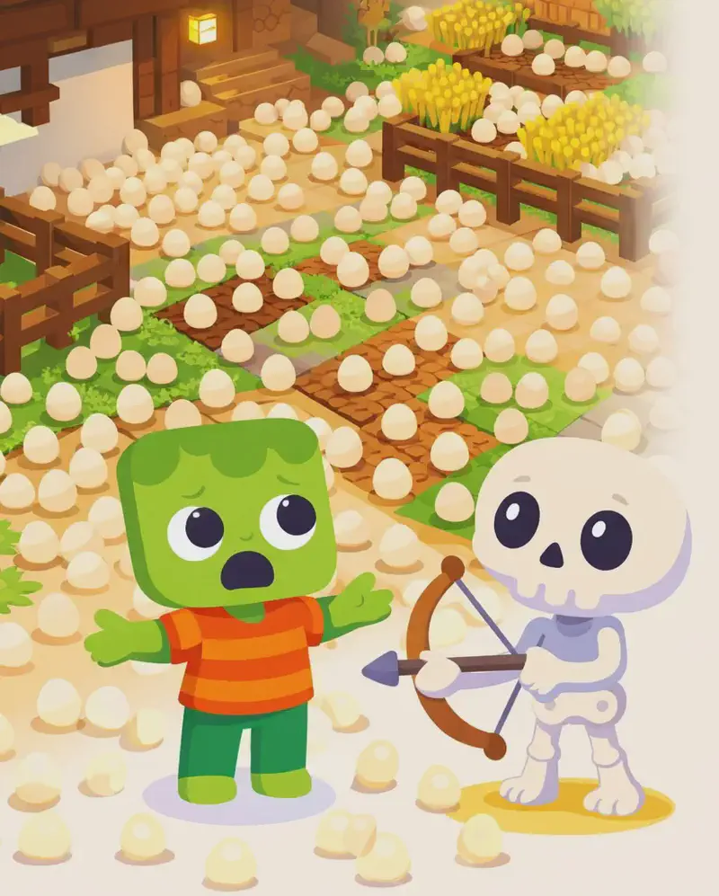 On the left side of the image, a Minecraft-style farm scene at sunrise shows the yard completely covered in pale eggs. Eggs sit under every fence, fill every garden bed, and cover the surface of every path, as if produced out of thin air. Zom stands in the foreground with an exasperated, defeated expression, arms spread in disbelief as he gestures at the mess. Skel stands beside him with a concerned posture, listening as Zom explains. Patchwork garden beds of dirt, grass, and crops are visible, along with wooden fences and a wooden farmhouse in the background. The right ~40% of the image is plain background suitable for text overlay.