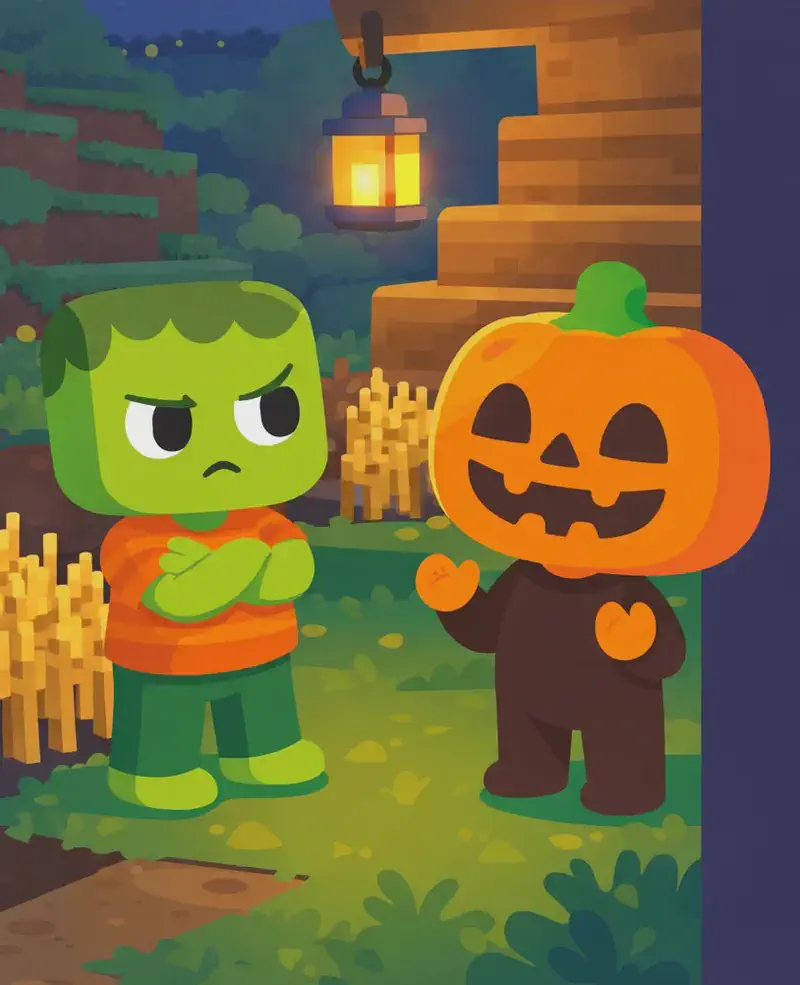 On the left side of the image, Zom and Jack face each other by a wheat patch in the evening light. Zom stands with his arms crossed and a stern, unimpressed expression, staring Jack down. Jack stands opposite him with his hands slightly raised in an innocent gesture, his carved jack-o'-lantern grin looking both sincere and mischievous at the same time. A glowing lantern hangs from a nearby wooden structure, casting warm light over both characters in the dusk setting. The background includes grassy hillside terrain and a wooden porch or steps. The right ~40% of the image is plain dark blue background suitable for text overlay.