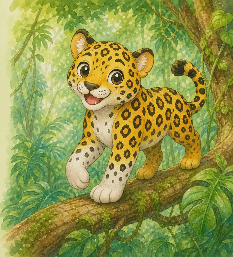 Introduce Jorge. Show him walking along a sturdy tree branch in a lush rainforest, his bright yellow coat with black rosettes clearly visible, small pointy ears alert, strong legs in motion (front white, back darker). Mood: confident jungle introduction.