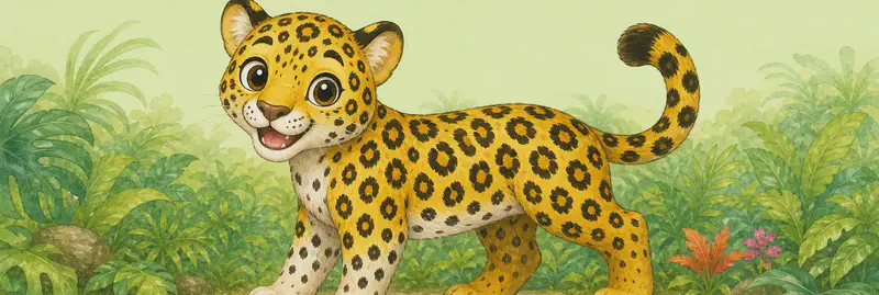 A clear, illustrative pose of Jorge that focuses on his distinguishing markings: he sits or stands in profile so the rosettes pattern across his bright yellow coat is fully visible, with his small, pointy ears clearly shown. Setting: a calm jungle clearing. Mood: gentle reference-style look at Jorge's features.