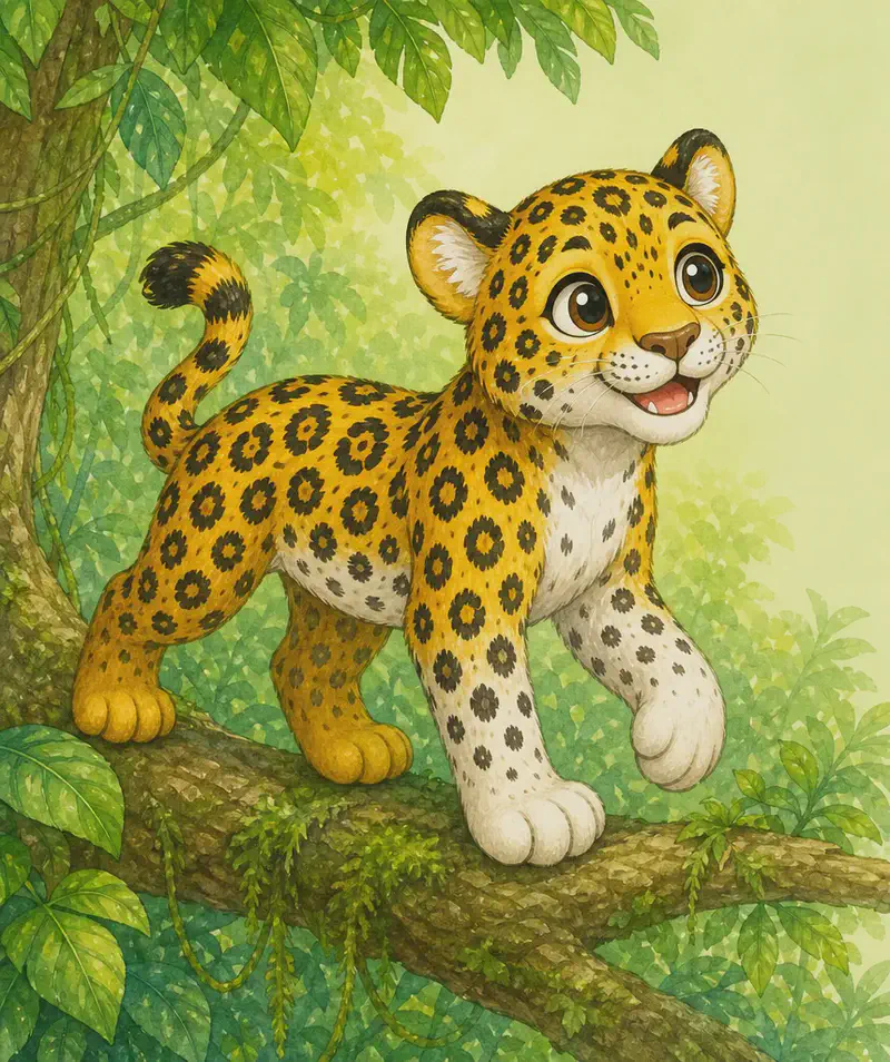 Jorge mid-stride or mid-climb on a low tree branch so his strong legs are clearly visible — front white legs and darker back legs distinctly shown. His expression is calm and a little reflective (a gentle nod to his rescue). Setting: edge of the park forest, no circus imagery needed. Mood: strong but quietly reflective.