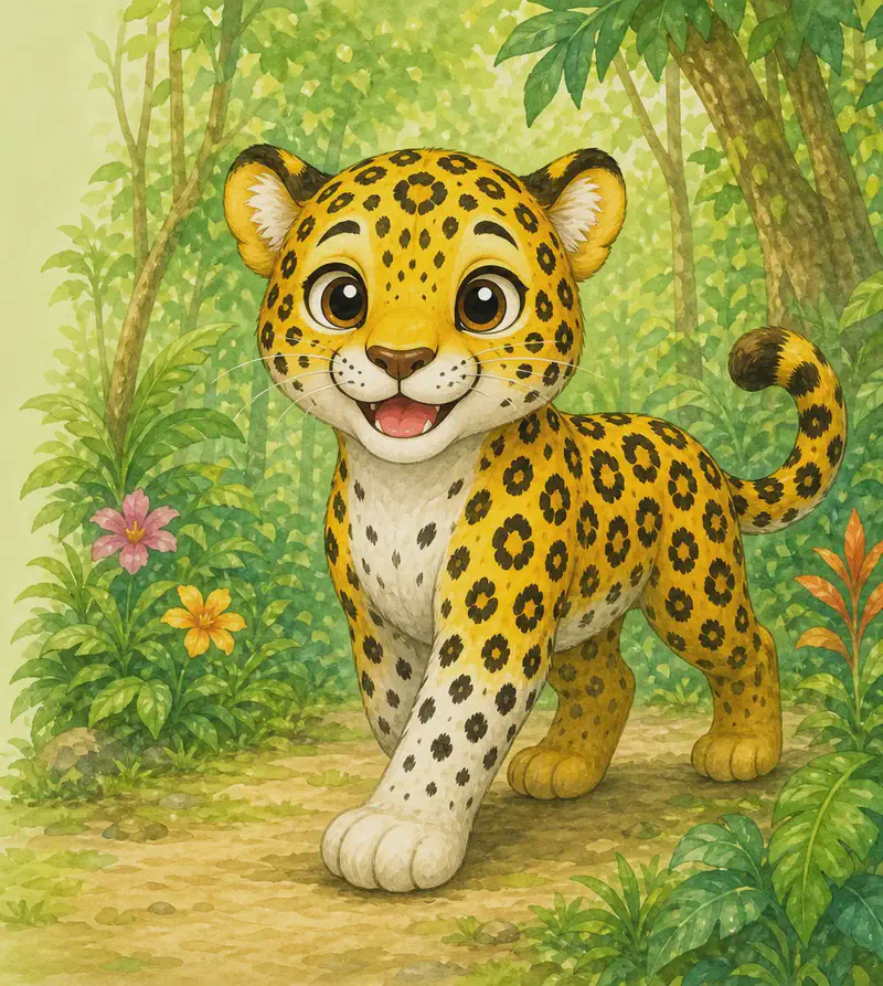 Jorge walks happily through the safe park forest, head held high, tail relaxed, healthy and well-fed. His expression is warm and content — no fear. Setting: friendly park forest. Mood: happy, safe, healed.