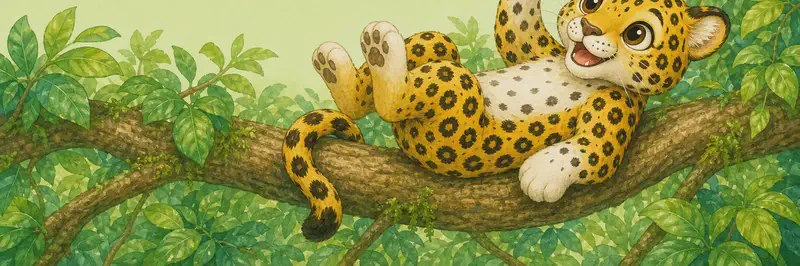 Jorge plays happily on a sturdy branch of his favourite tree — perhaps batting at a hanging leaf or rolling onto his back to swat at a dangling vine. His expression is playful and child-like. Setting: a leafy tree. Mood: joyful play.