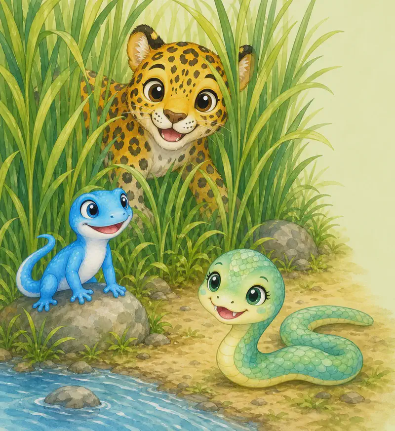 Jorge crouches among tall green reeds near a river, trying to hide — but his bright yellow coat and black rosettes are clearly visible through the reeds (the joke of the page). Luisa the blue lizard perches on a low rock and Sara the snake glides on the ground nearby, both looking around playfully as if searching. Mood: cheerful hide-and-seek.
