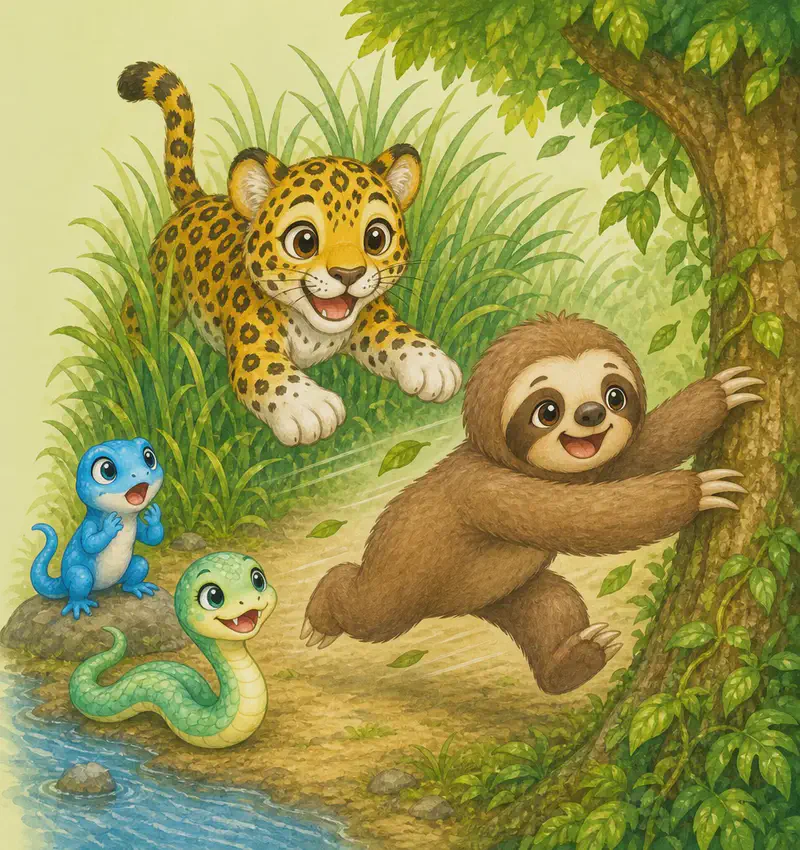 Jorge has just leapt out from the tall reeds in a playful pose. Octavio the sloth dashes uncharacteristically fast toward a tree, arms outstretched, legs flying — clearly racing for safety. Luisa the blue lizard and Sara the snake watch with wide-eyed astonished delight. Mood: joyful surprise — the silly highlight of the story.