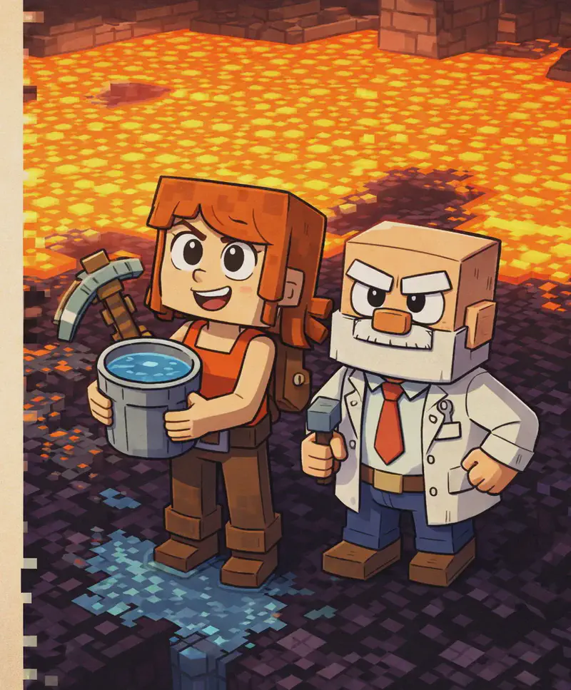 On the right side of the image, Jill and Dr. Can Do stand together on dark obsidian ground, viewed from a slightly elevated angle. Jill holds a water bucket with a grin, looking up proudly; she has shoulder-length auburn/copper-orange hair with a side-swept fringe, and wears her bright orange sleeveless top with a brown belt, dark brown pants, and brown boots, with her grey-and-brown pickaxe strapped to her back. Beside her, Dr. Can Do stands facing forward and nods approvingly; he has white bushy eyebrows and a thick white mustache, and wears his white lab coat over a white dress shirt with a red necktie, dark navy-blue pants, and dark brown shoes, holding his small grey hammer. Behind them, a large pool of bright orange-yellow lava glows intensely, with patches of dark obsidian forming where water has been poured onto the lava. The left side of the image is a plain beige/parchment background left clear for text. The scene has a warm, fiery glow from the lava illuminating the underground cavern setting.