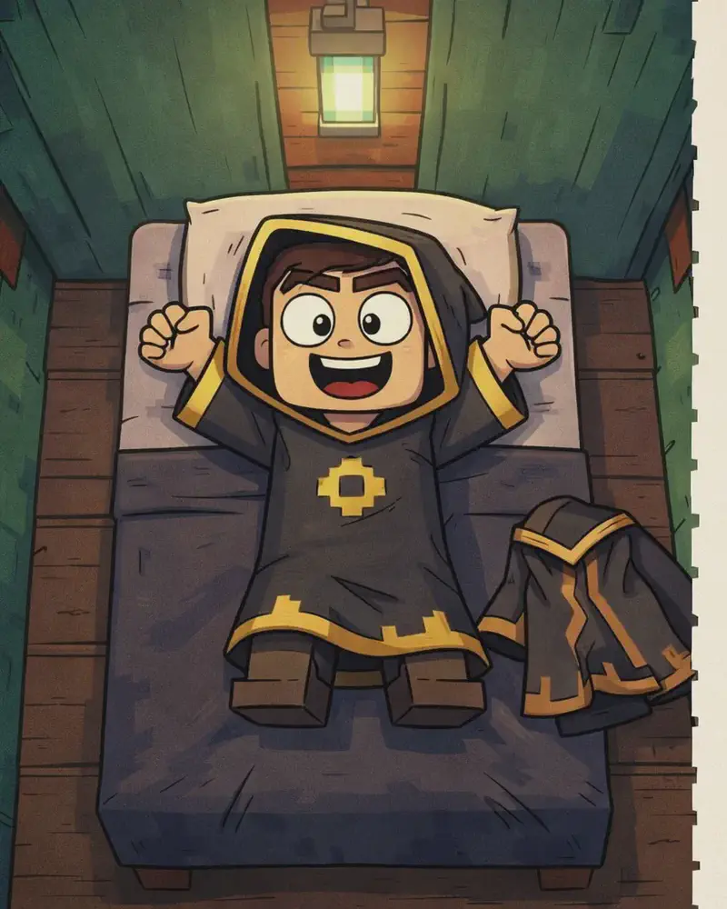 On the left side of the image, The Mage lies awake in bed at nighttime, viewed from above in a top-down perspective. He is lying on his back with arms spread out to the sides, eyes open wide with a big grin on his face, too excited to sleep. He has light/warm beige skin, narrow angular dark eyes, and dark hair visible against the pillow, with his dark charcoal-black hooded robe with gold/yellow trim folded nearby. The indoor bedroom scene has dark wooden plank flooring and green walls, dimly lit by a single glowing green lantern mounted on the wall above the bed. The right side of the image is a plain beige/parchment-coloured area reserved for text.