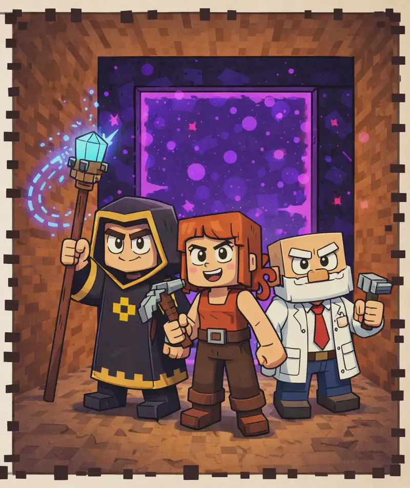 On the right side of the image, three Minecraft-style characters stand together in a cave, positioned in front of a large activated Nether portal — a tall obsidian rectangle filled with swirling purple energy. On the left, The Mage stands in his dark charcoal-black hooded robe with gold/yellow trim and gold diamond-shaped emblem on the chest, holding his tall wooden staff topped with a glowing light-blue crystal gem aloft as he casts the fire spell that activated the portal; magical sparks trail from the staff to the portal. In the centre, Jill stands with her shoulder-length auburn/copper-orange hair, wearing her bright orange sleeveless top with a brown belt, dark brown pants, and brown boots, gripping her grey-and-brown pickaxe with a determined expression. On the right, Dr. Can Do stands in his white lab coat over a white dress shirt with a red necktie, dark navy-blue pants, and dark brown shoes, with his white bushy eyebrows and thick white mustache, holding his small grey hammer and looking eager. All three face the viewer with determined expressions, ready to step through. The cave walls are brown and rocky, and the portal glows with purple and magenta particles. The left side of the image is a plain beige area reserved for text, framed by a pixelated border.