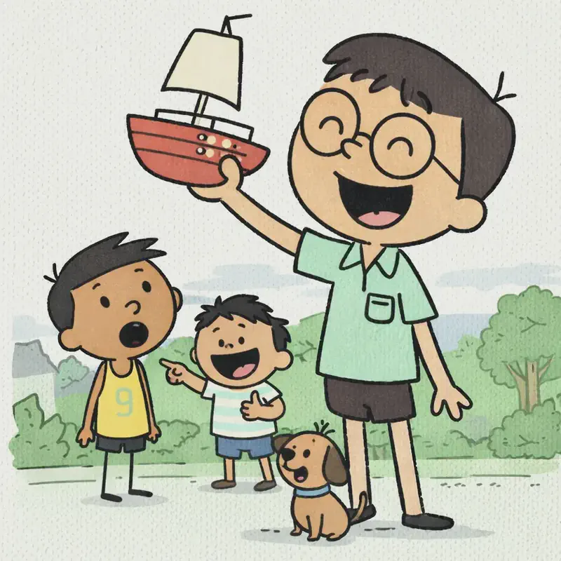 On the right side of the image, Len is shown large in the foreground, standing proudly with his eyes closed and mouth open in a big, joyful grin, holding up a shiny red toy sailboat in his left hand. Below and behind him in the background, Jim stands looking up at the boat with a surprised, envious open-mouthed expression, while Jim's pal stands beside him laughing and pointing. Jim's pup sits on the ground nearby, looking up at the scene. The setting is an outdoor suburban neighborhood on a bright, sunny day with green trees and gentle hills in the background. The left ~40% of the image is plain light-green textured background suitable for text overlay.
