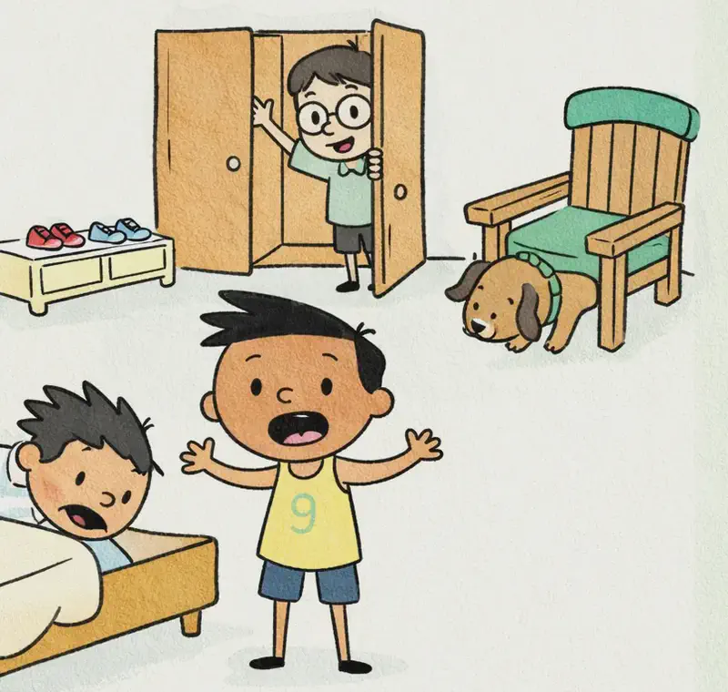On the left side of the image, Jim stands in the center of his bedroom with arms spread wide and mouth open in a frustrated, exasperated expression, as if declaring the perfume is nowhere to be found. Len peeks out from behind an open cupboard door in the background, searching inside with a curious, wide-eyed look. Jim's pal is in the lower-left area, leaning over and reaching under the bed to search beneath it. Jim's pup is partially visible behind a wooden chair with a green cushion, with its nose pressed low to the floor, scratching and sniffing. The indoor scene shows a bedroom with a tiled floor, a low shoe rack, a cupboard, and a chair — the right ~40% is plain light green background.