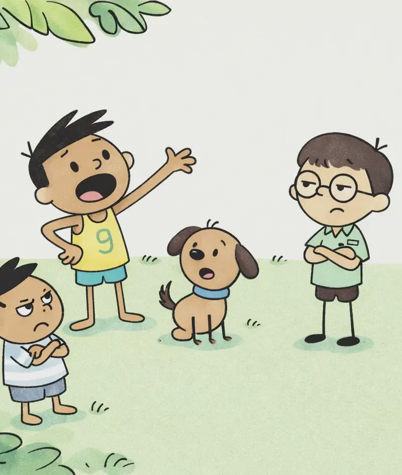 On the left side of the image, viewed from a slightly elevated angle on a grassy backyard, Jim stands at the upper left with his mouth wide open and one arm extended, gesturing enthusiastically as he brags. Len faces Jim from the right of the group with a skeptical, unimpressed expression and arms crossed. Jim's pal stands at the lower left, squinting up at Jim with a suspicious, doubtful look. Jim's pup sits in the center of the group, looking alert and animated. The right ~40% of the image is plain light-green background. Leafy green foliage frames the top and bottom edges of the scene.