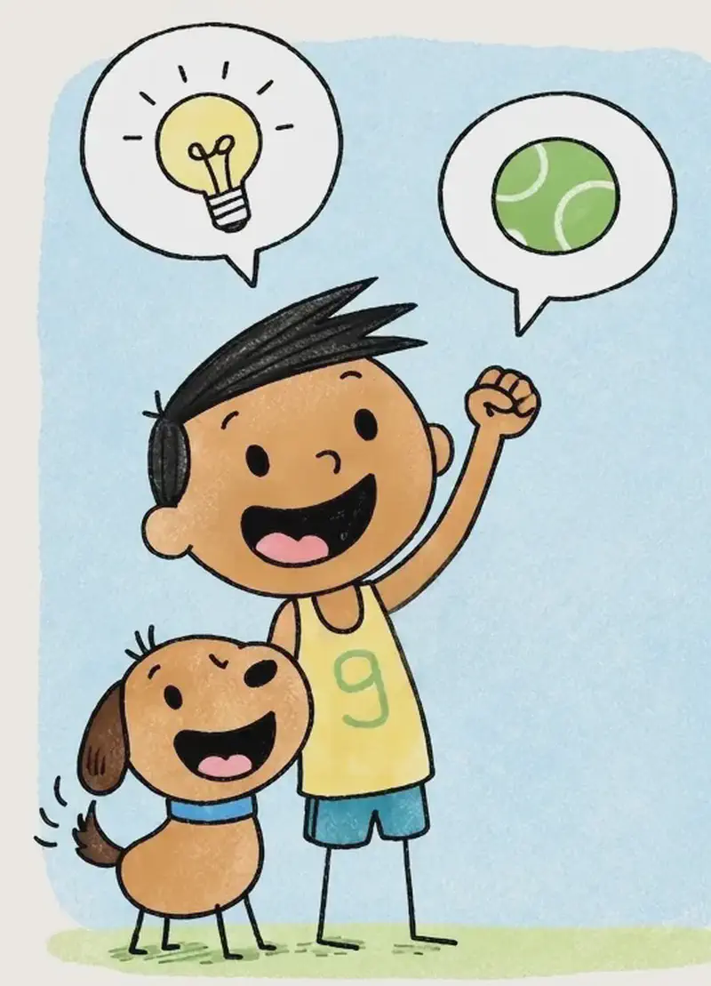 On the left side of the image, Jim and Jim's pup are shown together against a light blue background, both with wide, excited grins. Jim raises one fist in the air enthusiastically while pointing upward with his other hand, and Jim's pup stands beside him at the lower left, looking up with an eager, open-mouthed smile and wagging its tail. Thought bubbles float above them — a lightbulb above Jim and a tennis ball above Jim's pup — showing them brainstorming about their favorite things around the house. The right ~40% of the image is plain pale green background with no characters or detail.
