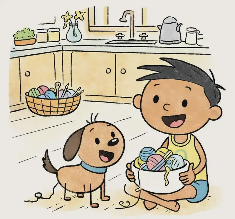 On the left side of the image, Jim sits on a wooden kitchen floor holding a bowl overflowing with colorful wool and twine, looking up with a cheerful, determined smile. Jim's pup sits beside him on the left, appearing playful and alert, with a strand of wool trailing near its paw. The scene is set indoors in a cozy kitchen with countertops, a sink, a craft basket nearby, and various household items visible in the background. The entire scene is contained in a vignette on the left side, with the right ~40% being plain light green background.