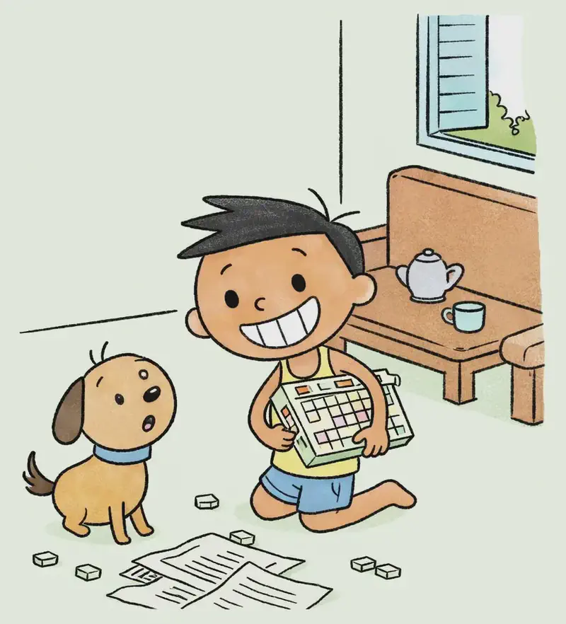 On the right side of the image, Jim kneels on the floor of a living room, grinning excitedly while holding up a board game box (appears to be a crossword or word-puzzle style game) and tucking it under his arm. Jim's pup sits nearby on the floor beside scattered newspapers and game pieces. The indoor scene features a couch, a side table with a teapot, and a window letting in daylight, all set in a cozy suburban living room. The left ~40% of the image is plain light green background, clear for text overlay.