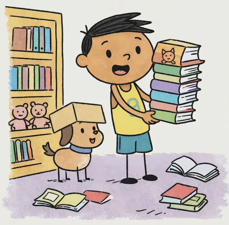 On the left side of the image, Jim stands in a bedroom smiling happily while carrying a tall stack of books, with the top book showing a fox illustration on its cover. Jim's pup stands nearby on the left, partly hidden under a cardboard box balanced on its head, looking comically bewildered. The room is an indoor setting with a wooden bookshelf filled with books, toys (a teddy bear, a doll), and scattered open books on a purple carpet, with a bed partially visible at the lower right edge. The right ~40% of the image is plain light green background.