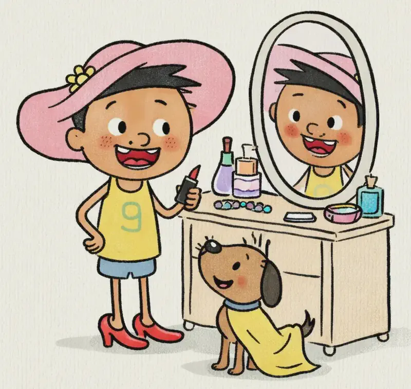 On the right side of the image, Jim stands in front of a vanity mirror in a bedroom, blushing and laughing at his reflection. He has lipstick smeared on his lips, a large floppy hat on his head, and red high-heeled shoes on the floor beside his feet. He holds a lipstick in one hand. Jim's pup sits nearby on the right, looking on with a playful expression, draped in a yellow scarf. The vanity has perfume bottles, jewelry, and makeup items on it. The left ~40% of the image is plain muted green background.
