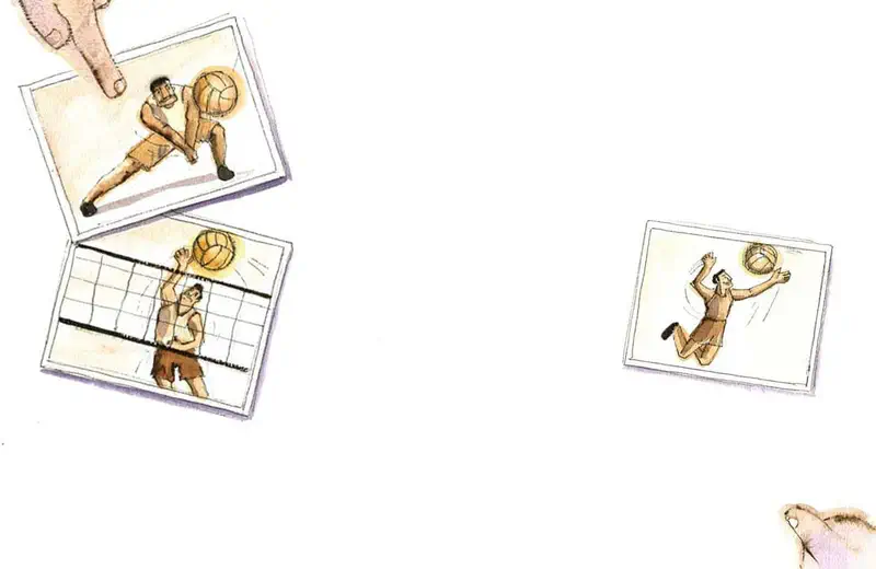 Scattered photos showing volleyball players in action - bumping, setting, and spiking the ball over a net, with a finger pointing at one photo.