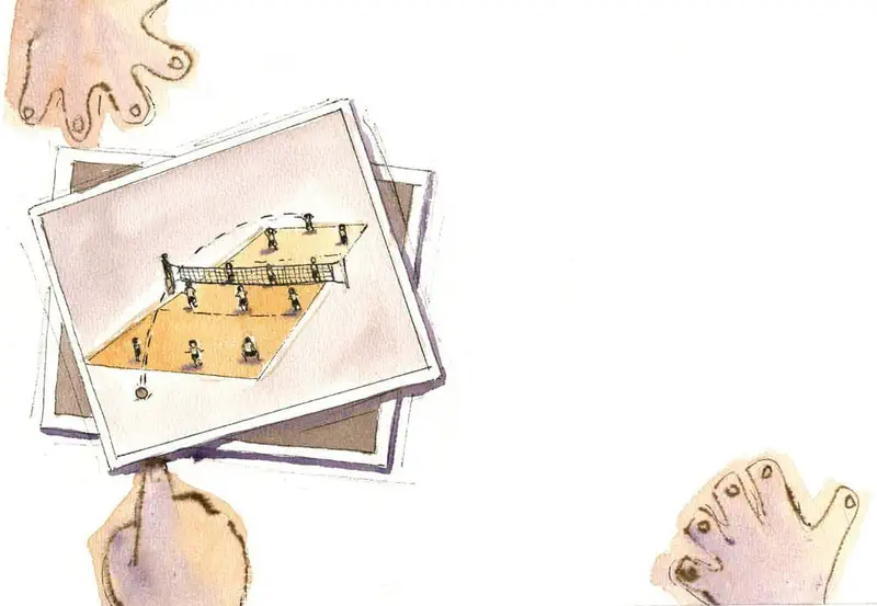 Hands holding stacked photos showing an overhead view of a volleyball court with players in position on both sides of the net.