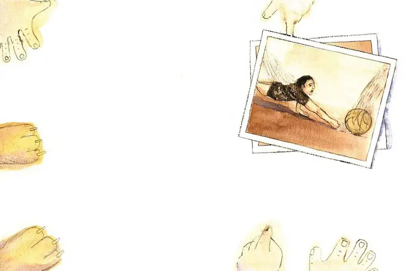 A photo showing a volleyball player diving to save the ball, surrounded by sketched feet pointing in different directions.